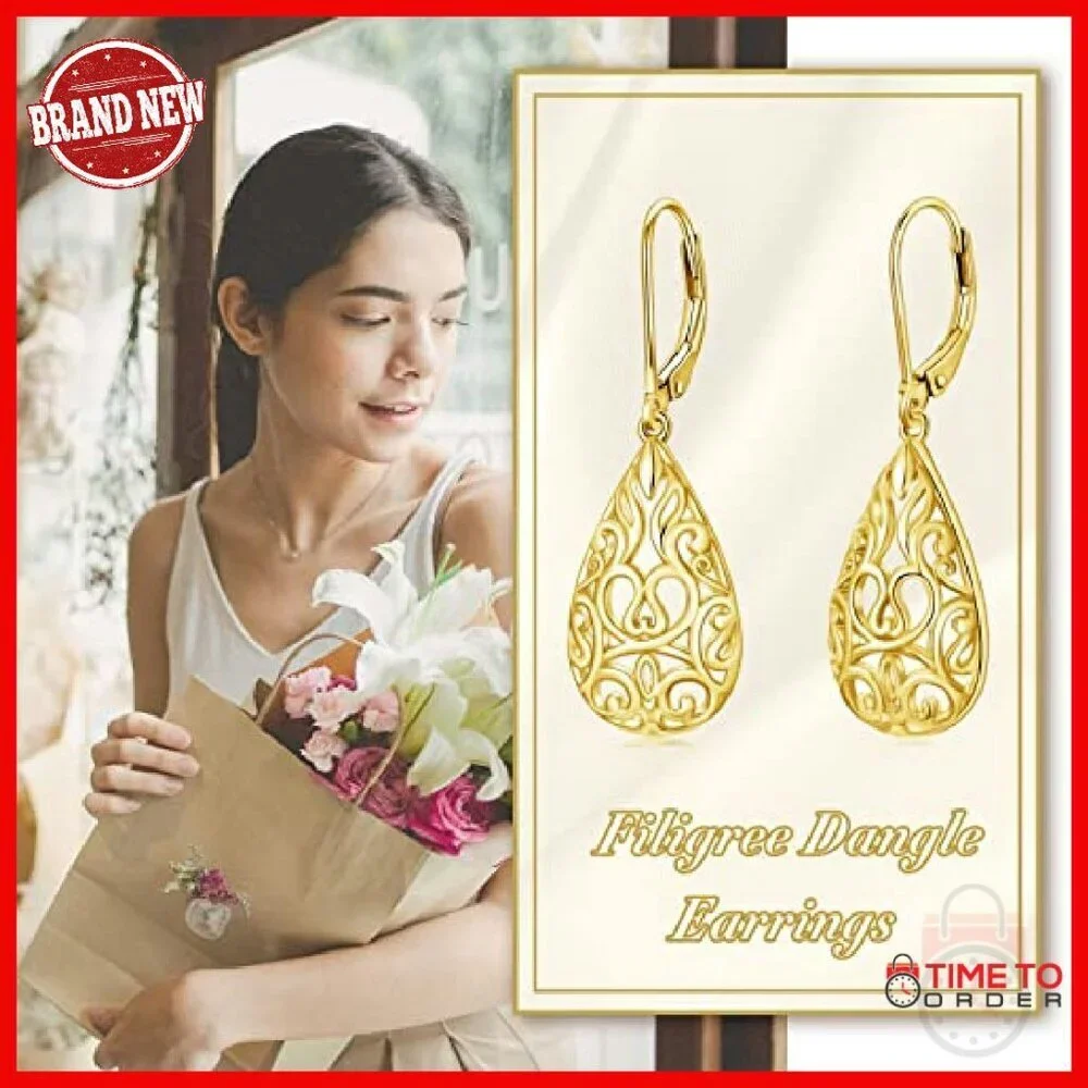 Sterling Silver Teardrop Dangle Earrings Filigree Leverback Hypoallergenic